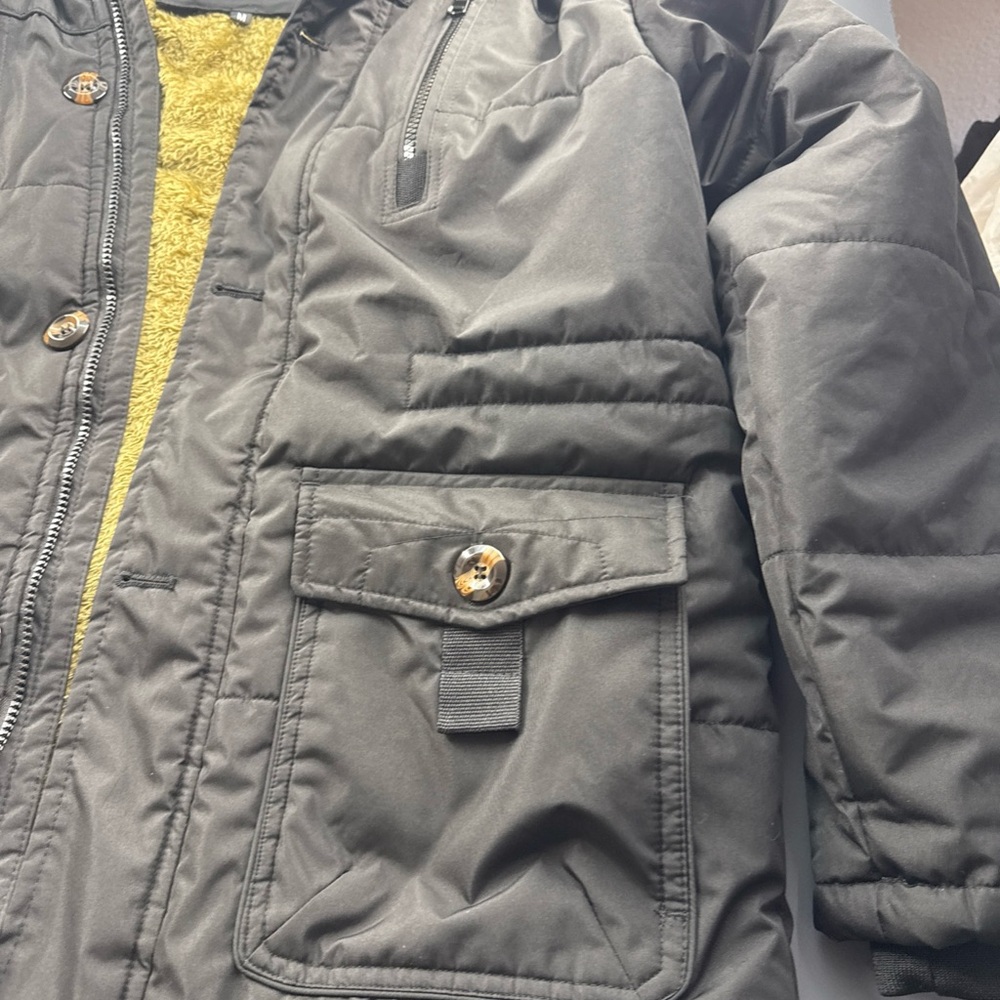 Men's Black Puffer Jacket with Faux Fur Hood Parka D’hiver Jacket - Picture 5 of 11